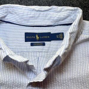 Ralph Lauren Performance Seersucker  Blue Short Sleeve Button‎ Down Mens XLT